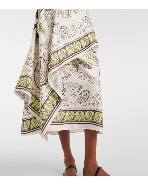 Tory Burch White Printed Silk Satin Midi Skirt