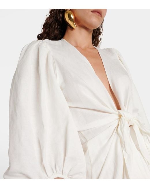 Adriana Degreas White Puff-Sleeve Linen-Blend Blouse