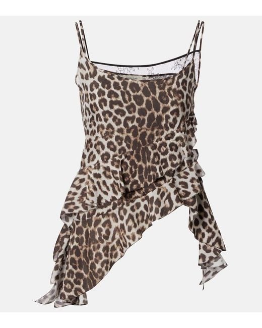 JACQUES WEI Brown Leopard-Print Ruffled Silk Camisole
