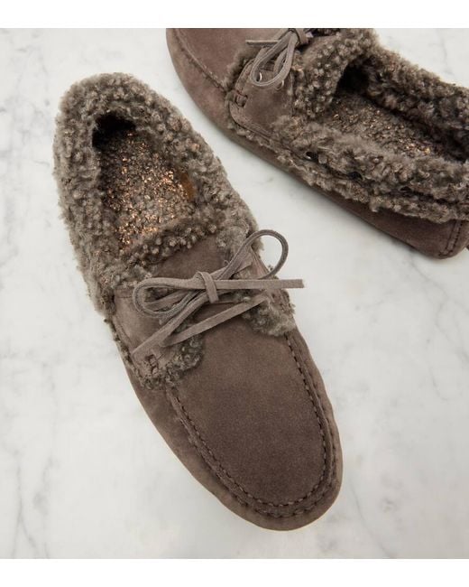 Brunello Cucinelli Brown Monili Shearling-Trimmed Suede Moccasins