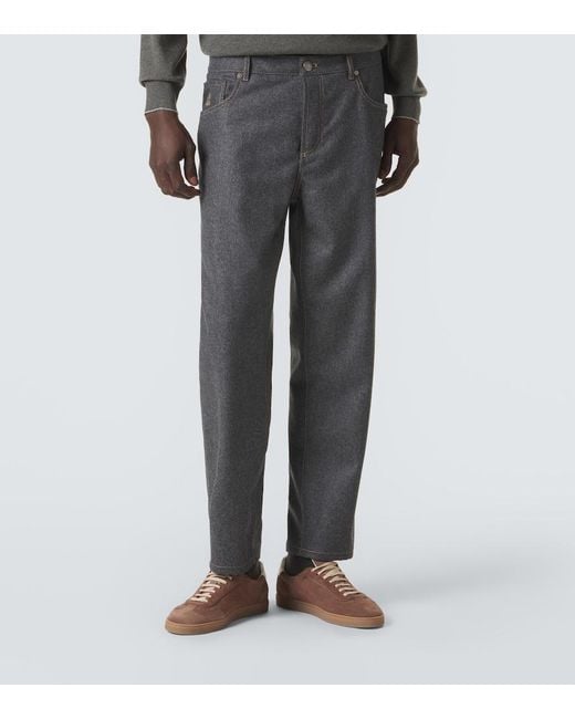 Brunello Cucinelli Gray Virgin Wool Flannel Straight Pants for men