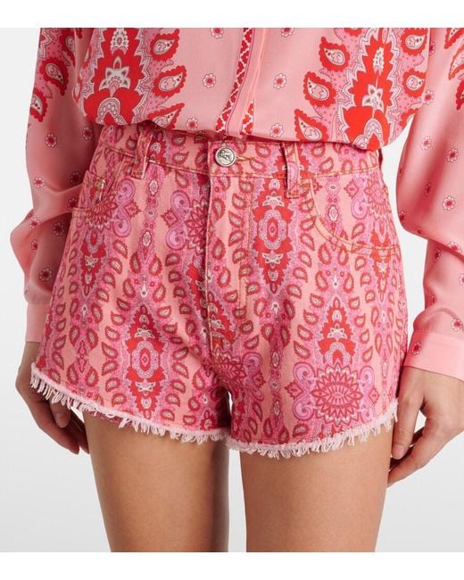 Etro Red Printed Denim Shorts