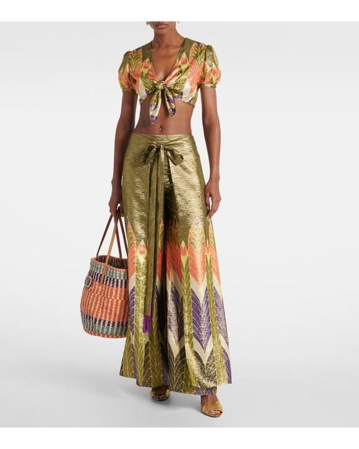 Valentino Green Printed Silk-Blend Wide-Leg Pants