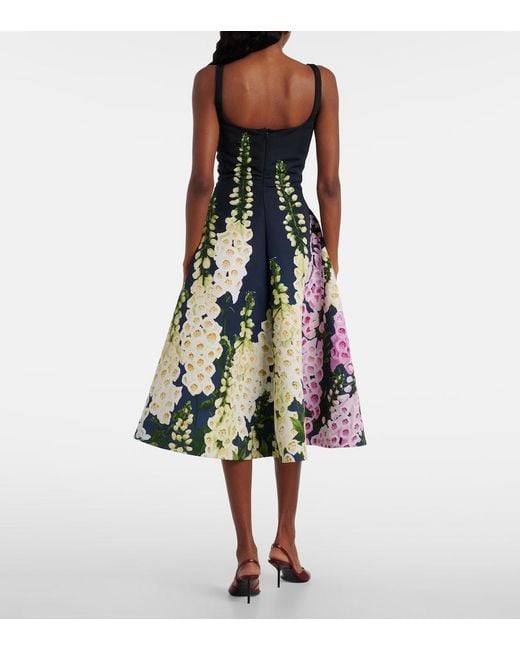 Oscar de la Renta Blue Foxglove-Printed Faille Midi Dress
