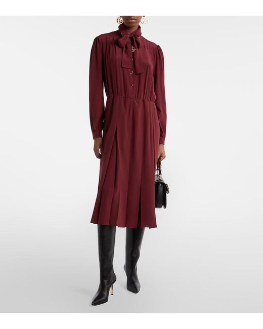 Gucci Red Pleated Silk Crepe De Chine Midi Dress