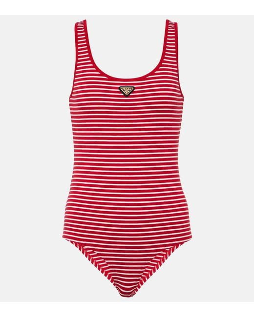 Prada Red Logo Cotton-Blend Bodysuit