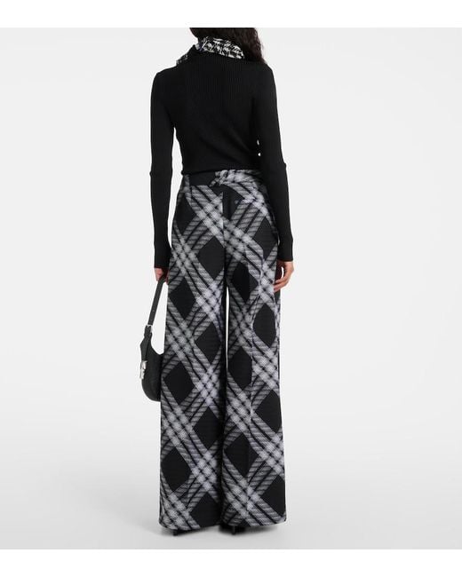Burberry Gray Checked Wool Wide-Leg Pants