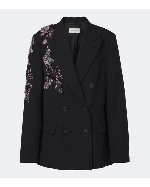 Dries Van Noten Black Embellished Double-Breasted Wool Blazer