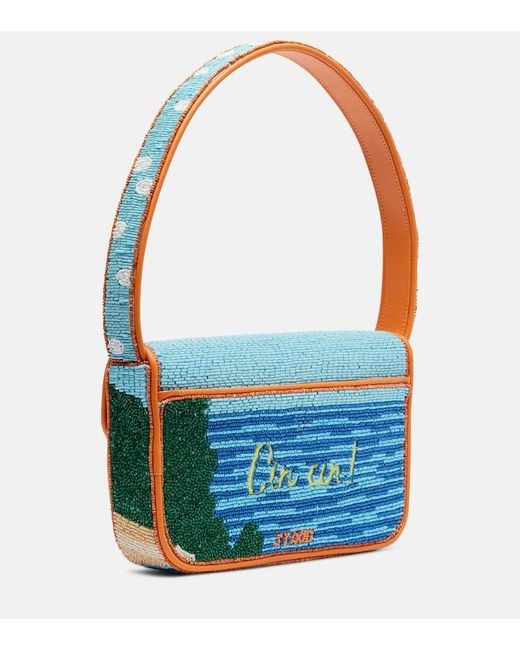 Staud Blue Tommy Small Beaded Shoulder Bag