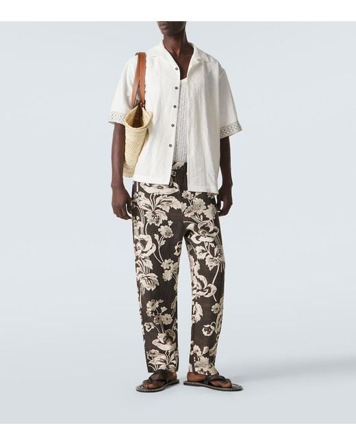 Commas Black Floral Linen Straight Pants for men