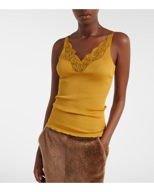 Saint Laurent Yellow Lace-Trimmed Ribbed-Knit Silk Top