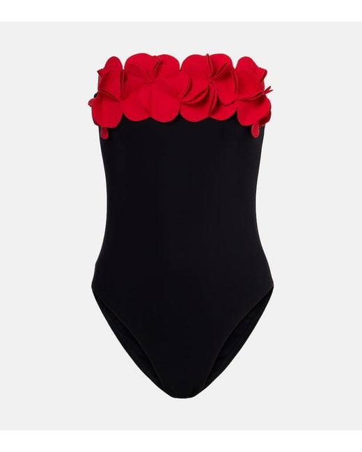 Karla Colletto Red Floral-Applique Strapless Swimsuit