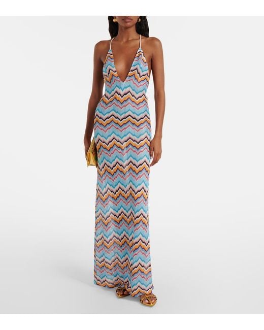 Missoni Blue Zigzag Halterneck Maxi Dress
