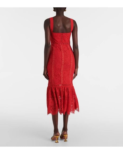 Self-Portrait Red Floral Cotton-Blend Lace Midi Dress