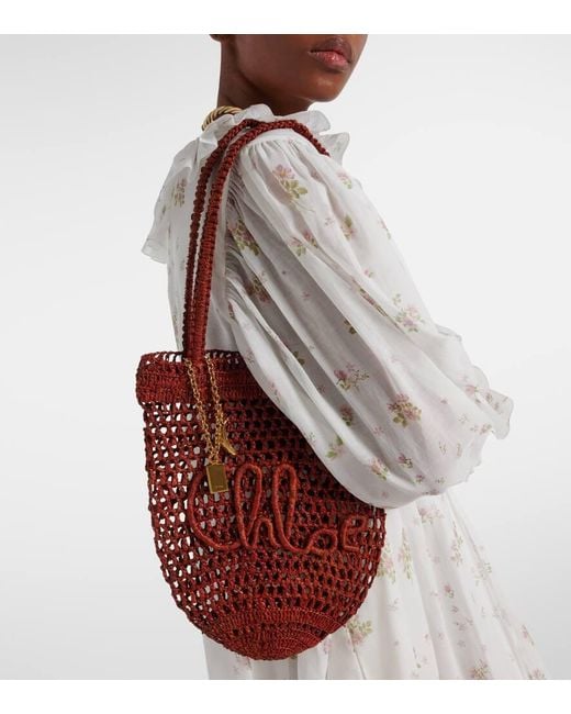 Chloé Red Summer Banana Small Raffia Tote Bag