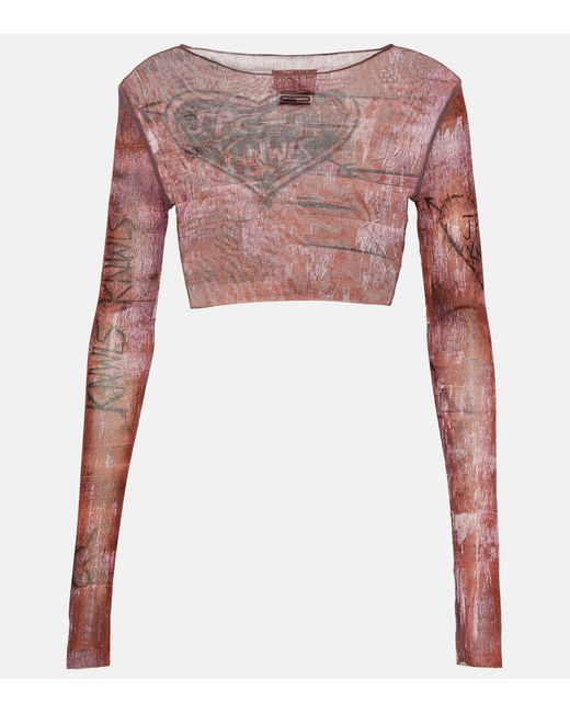 Jean Paul Gaultier X Knwls Printed Mesh Crop Top in Pink | Lyst