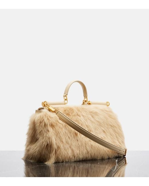 Dolce & Gabbana Natural Sicily Large Leather And Shearling Top-Handle Bag