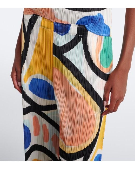 Pleats Please Issey Miyake Blue Roll Pleated Printed Wide-Leg Pants
