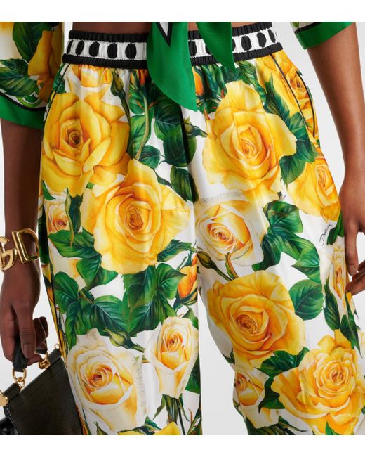 Dolce & Gabbana Yellow Floral High-rise Silk Wide-leg Pants