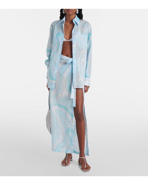 Emilio Pucci Blue Marmo Cotton Muslin Beach Cover-Up