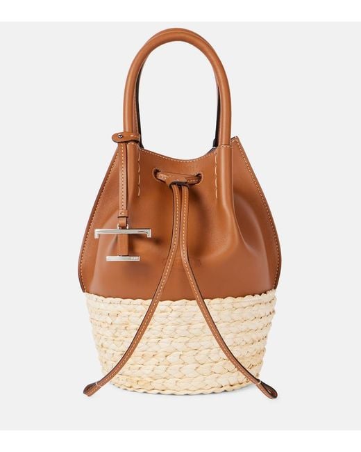 Tod's Brown Bux Raffia-Trimmed Leather Bucket Bag