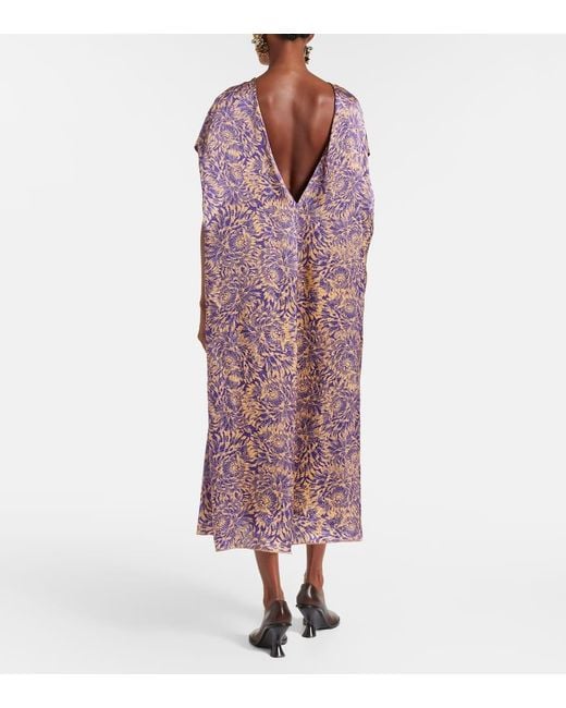 Dries Van Noten Women's Purple Floral Silk Satin Midi Dress Dries Van Noten Women's Purple Floral Silk Satin Midi Dress