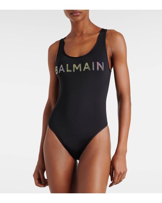 Balmain Black Logo Embellished Swimsuit