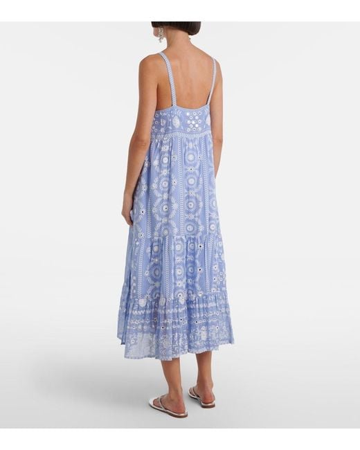 Juliet Dunn Blue Printed Sequined Cotton Midi Dress