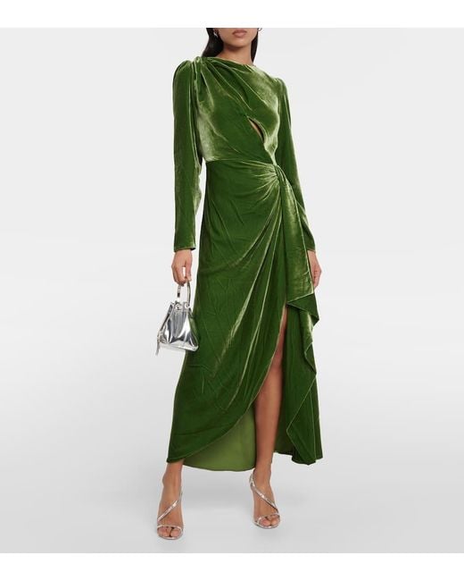 Costarellos Green Varisa Draped Velvet Maxi Dress