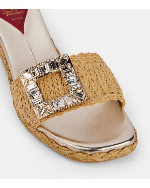 Roger Vivier Brown Crystal-Embellished Raffia Mules