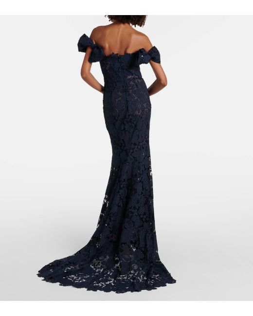 Oscar de la Renta Blue Floral Off-shoulder Guipure Lace Gown