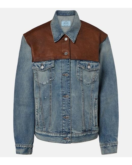 Prada Blue Leather-Trimmed Denim Jacket