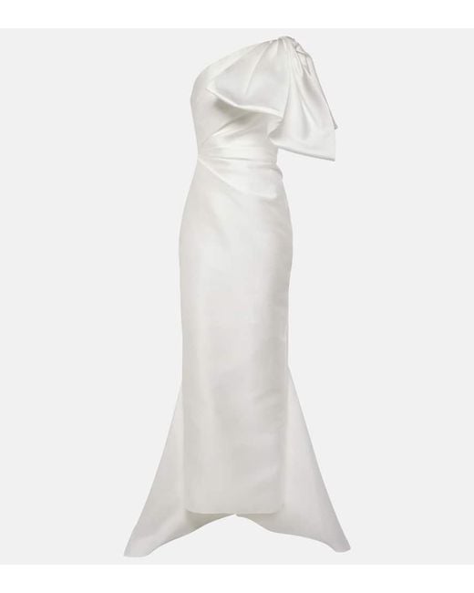 Solace London White Priya Bow-Detail Draped Satin Gown