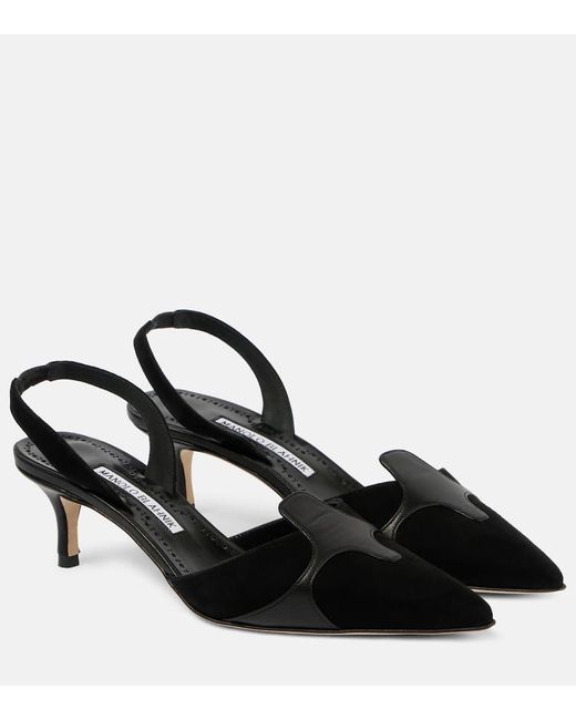 Manolo Blahnik Black Poligleto 50 Suede Slingback Pumps