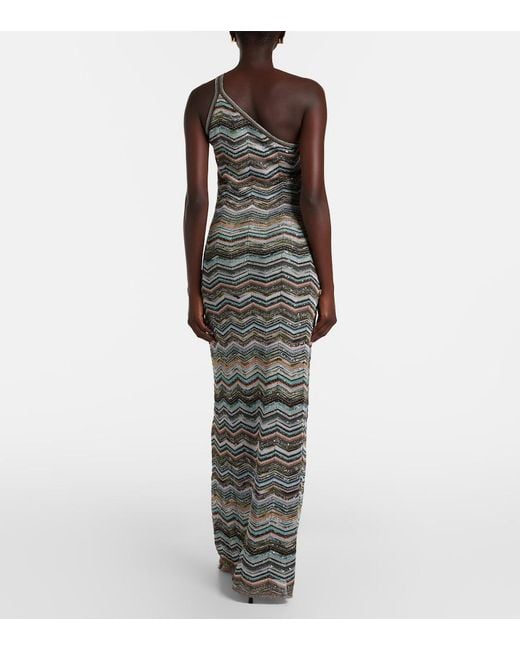 Missoni Gray Zigzag One-Shoulder Lame Maxi Dress