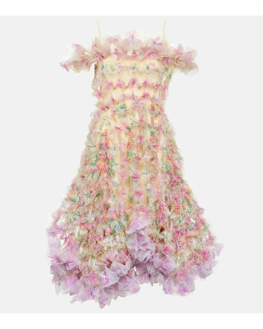 SUSAN FANG Pink Off-Shoulder Tulle Midi Dress