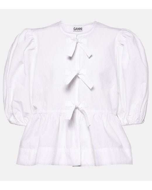 Ganni White Bow-Detail Cotton Poplin Blouse