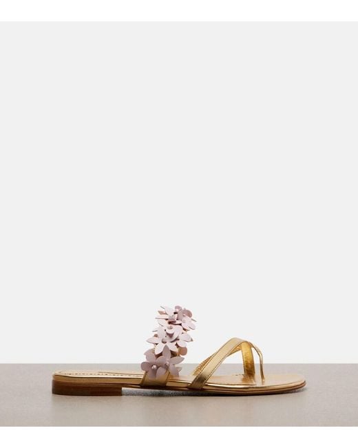 Manolo Blahnik Metallic Fiosa Applique Leather Thong Sandals