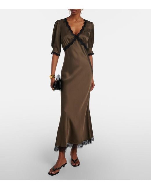 Rixo Brown Annina Lace-Trimmed Satin Midi Dress