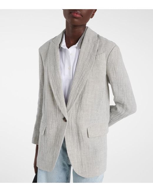 Brunello Cucinelli Gray Oversized V-Neck Linen-Blend Blazer