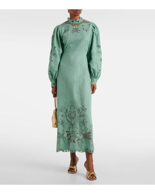 Farm Rio Green Broderie Anglaise Linen And Cotton Midi Dress