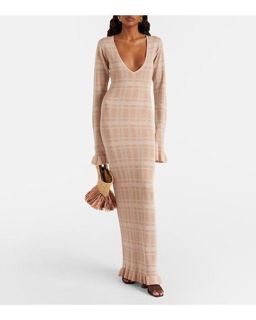Bananhot Natural Ether Checked Ribbed-Knit Ruffled Maxi Dress