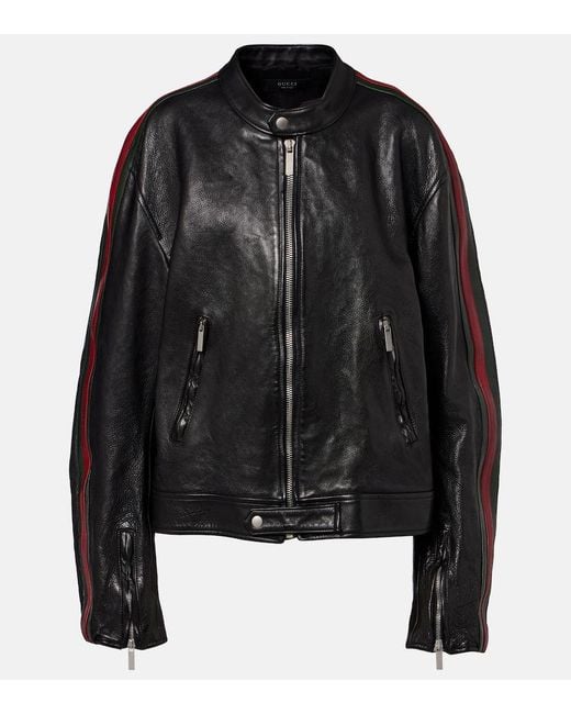 Gucci Black Web Stripe Leather Biker Jacket