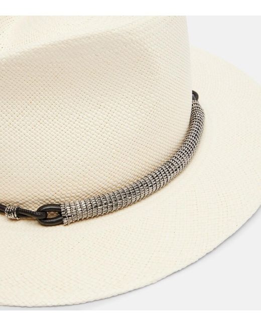 Brunello Cucinelli White Leather-Trimmed Straw Fedora Hat