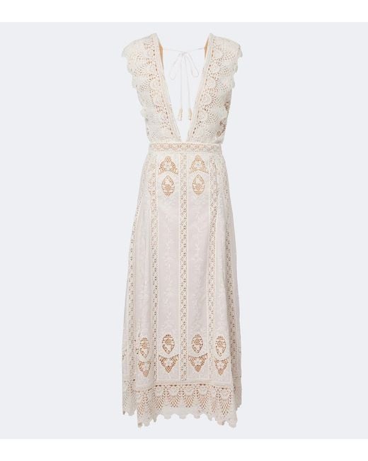 Johanna Ortiz White Embroidered Crochet Midi Dress