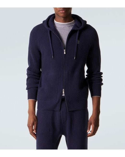 Brunello Cucinelli Blue Ribbed-Knit Cashmere Zip-Up Cardigan for men