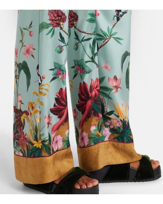 LaDoubleJ Green Printed Silk Twill Wide-Leg Pants