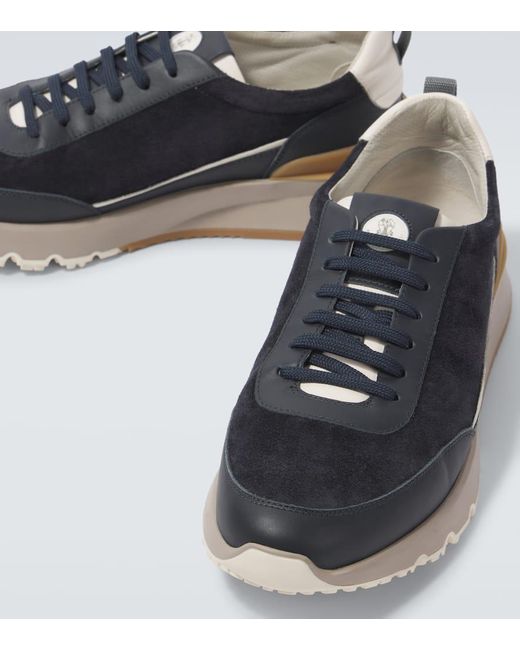 Brunello Cucinelli Blue Leather-Trimmed Suede Sneakers for men