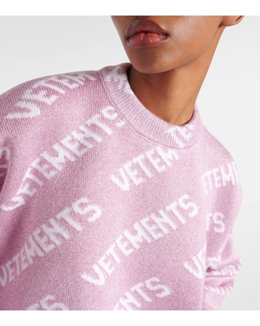 Vetements Pink Logo Cropped Lame Sweater