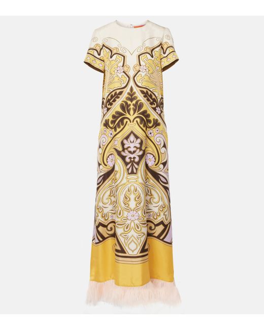 LaDoubleJ Metallic Printed Feather-trimmed Silk Maxi Dress